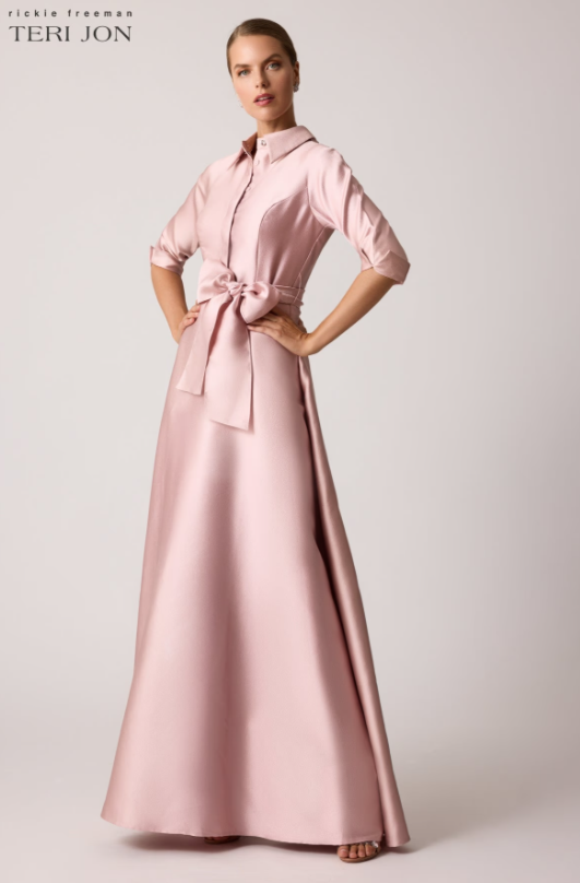 TERI JON MIKADO SHIRT DROP WAIST GOWN IN BLUSH PINK