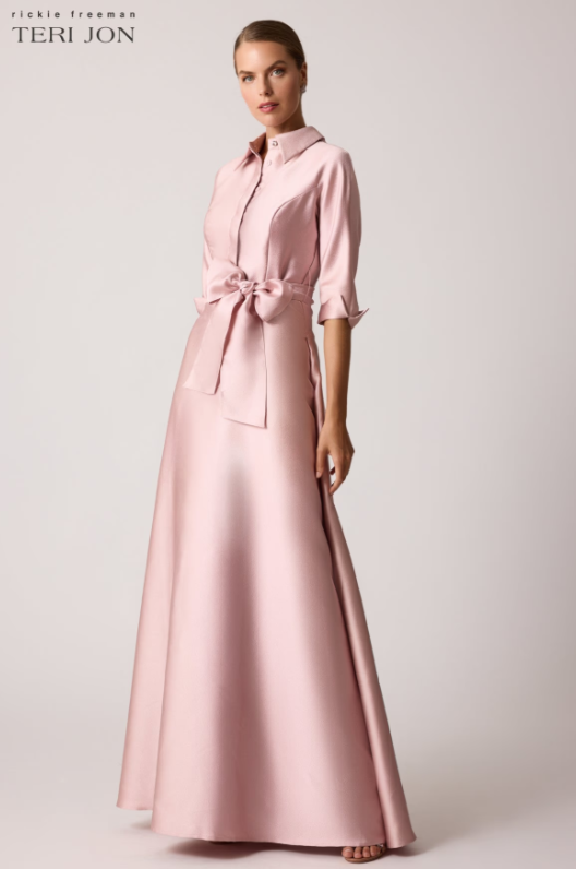 TERI JON MIKADO SHIRT DROP WAIST GOWN IN BLUSH PINK