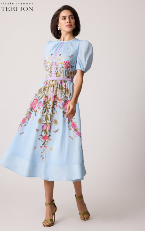 TERI JON PUFF SLEEVE DAYTIME DRESS IN BLUE MULTI-COLOUR
