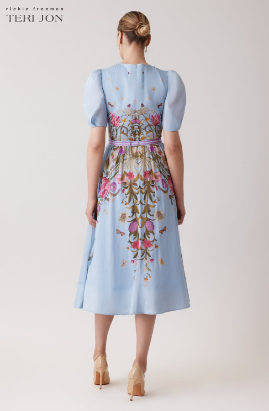 TERI JON PUFF SLEEVE DAYTIME DRESS IN BLUE MULTI-COLOUR