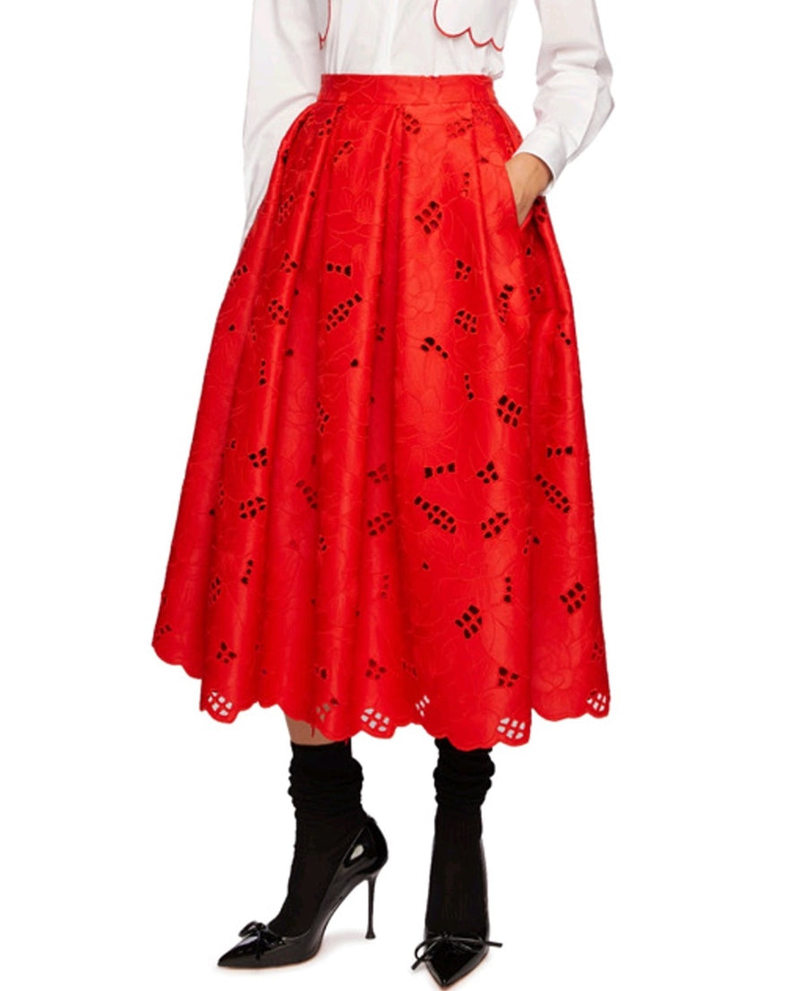 VIVETTA RED PLEATED SATIN SKIRT WITH CUT OUT DETAIL