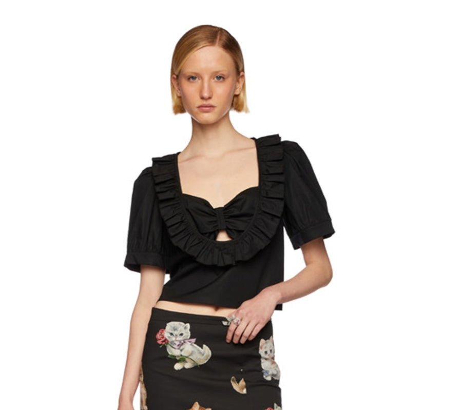 VIVETTA BLACK SILK CROPPED SHORT SLEEVE TOP WITH LARGE BOW FRONT