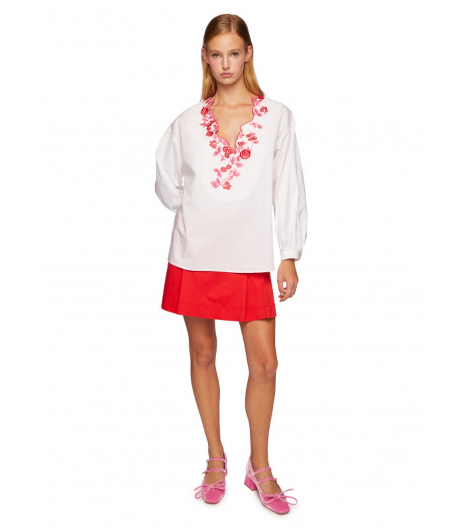 VIVETTA WHITE TOP WITH PINK FLORAL EMBROIDERY V-NECK
