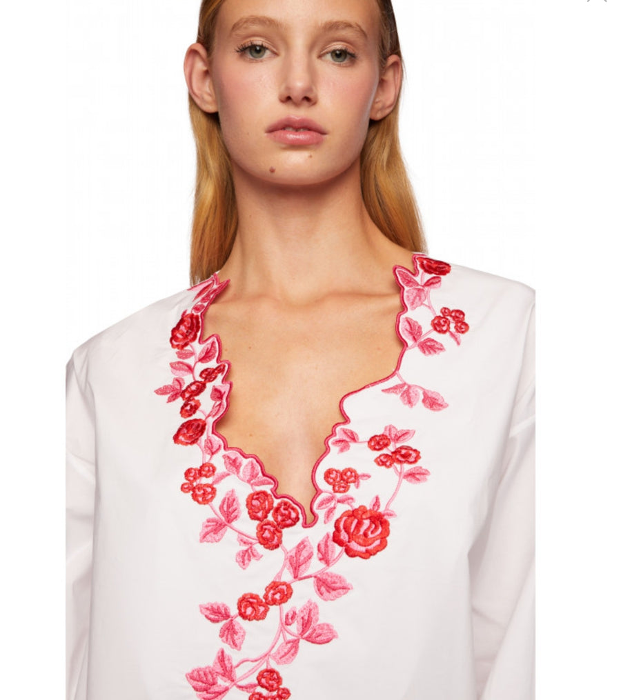 VIVETTA WHITE TOP WITH PINK FLORAL EMBROIDERY V-NECK
