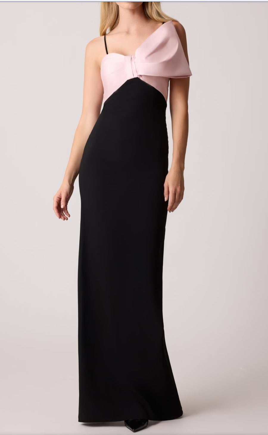 TERI JON CREPE MIKADO BOW BODICE STRAPLESS GOWN IN BLACK
