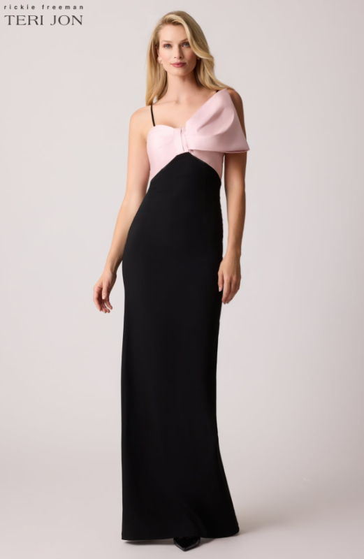TERI JON CREPE MIKADO BOW BODICE STRAPLESS GOWN IN BLACK