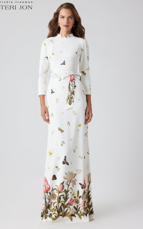 TERI JON STRETCH CREPE BUTTERFLY TIE LONG SLEEVE GOWN