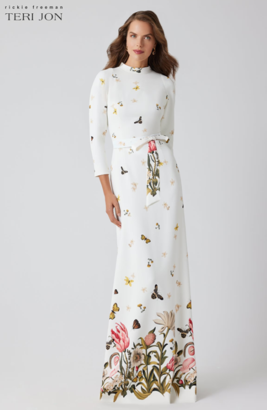 TERI JON STRETCH CREPE BUTTERFLY TIE LONG SLEEVE GOWN