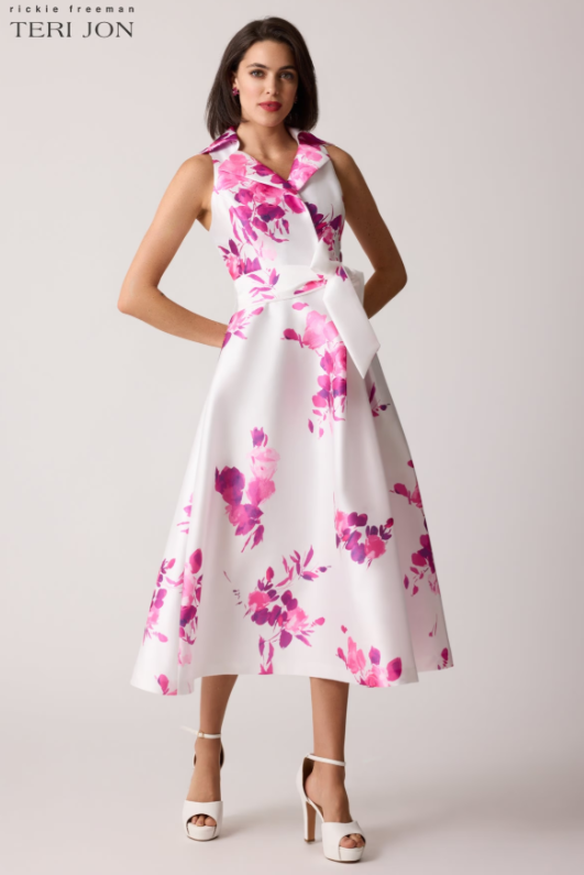 TERI JON MIKADO FLORAL SHIRTWAIST SLEEVES DRESS