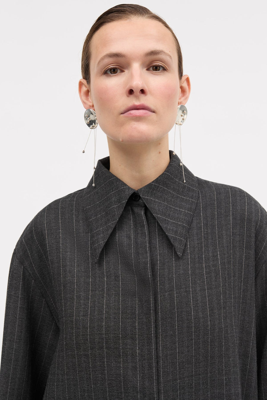 MKDT ATELIER SELENIA PINSTRIPE SHIRT IN DARK GREY