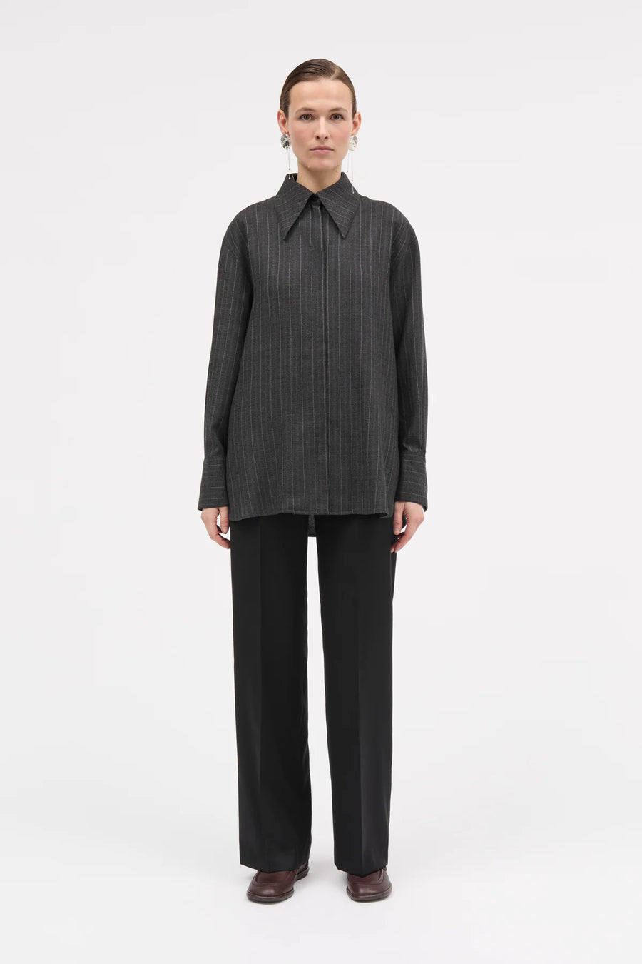 MKDT ATELIER SELENIA PINSTRIPE SHIRT IN DARK GREY