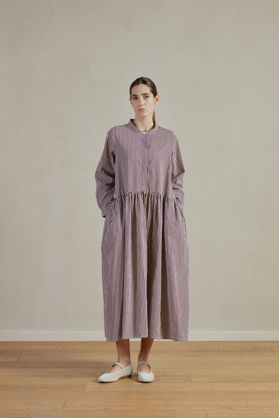 BERGFABEL FARMER DRESS IN WINE STRIPE