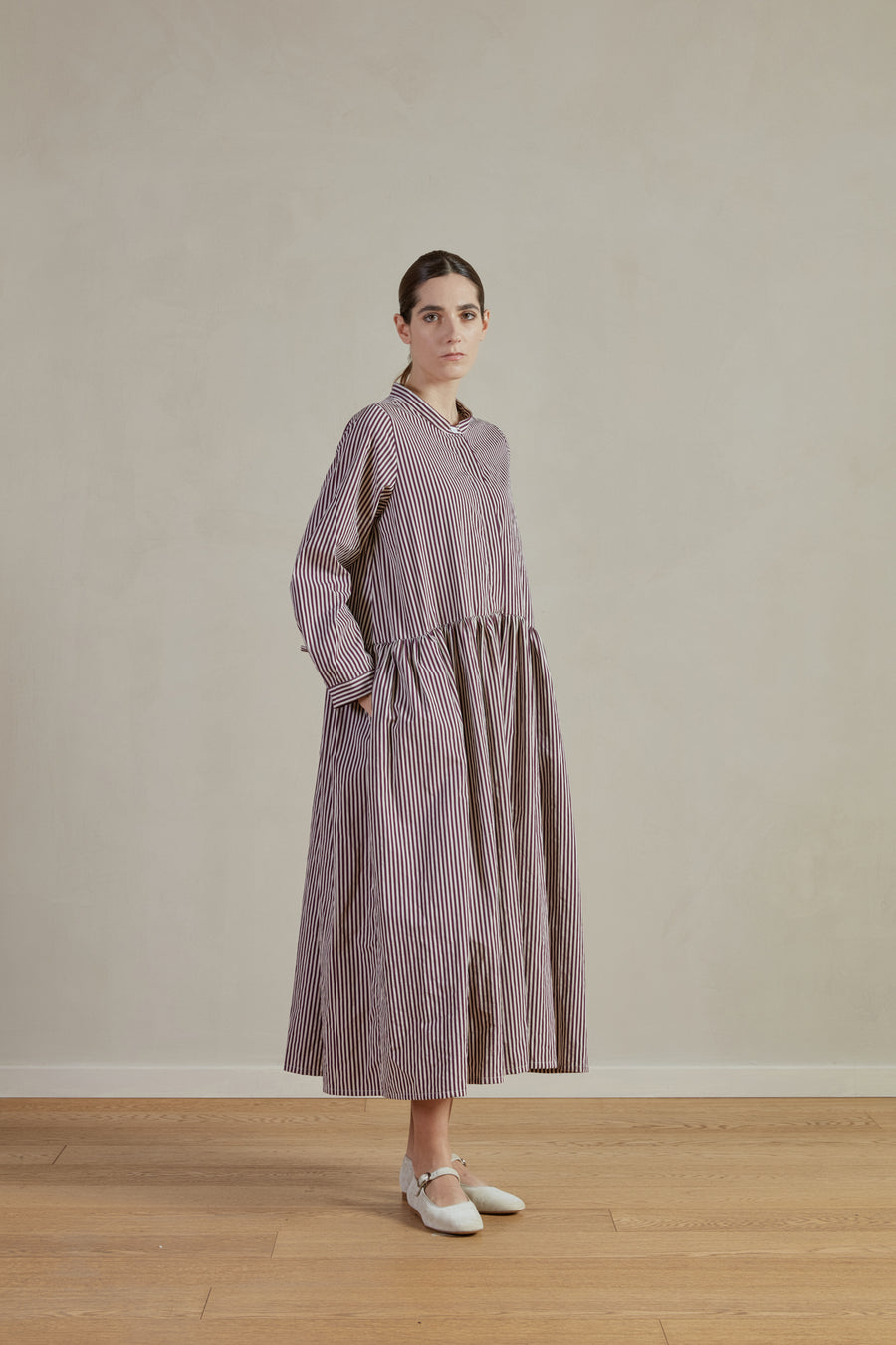 BERGFABEL FARMER DRESS IN WINE STRIPE