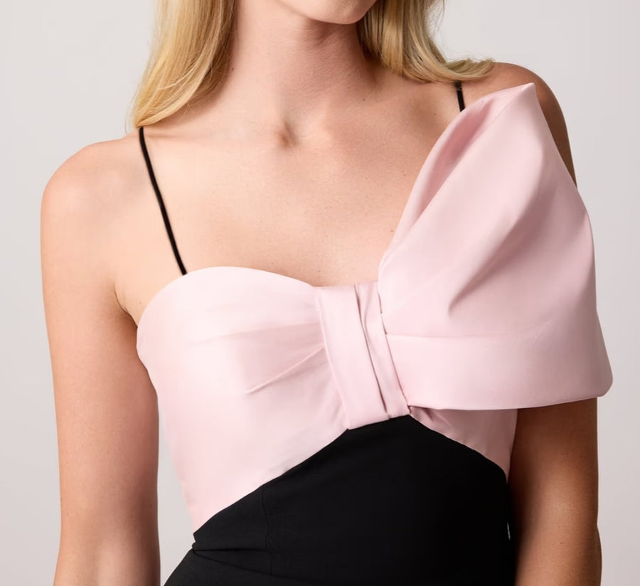 TERI JON CREPE MIKADO BOW BODICE STRAPLESS GOWN IN BLACK