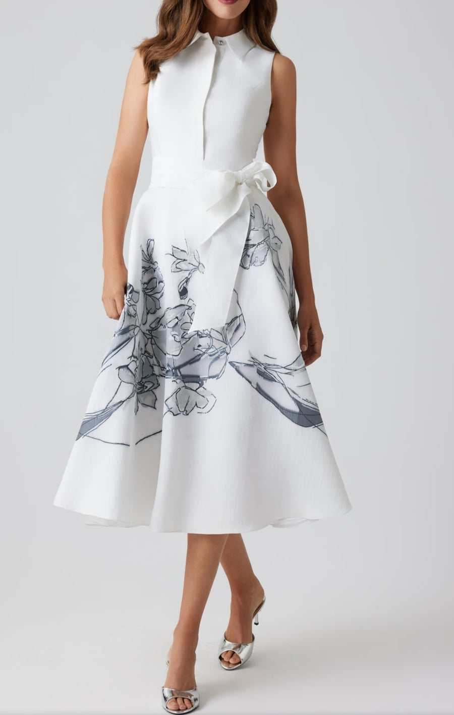 TERI JON SLEEVELESS BURN OUT FLORAL TRIM SHIRT DRESS