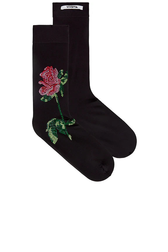 VIVETTA BLACK SOCKS WITH EMBELLISHED RED ROSE