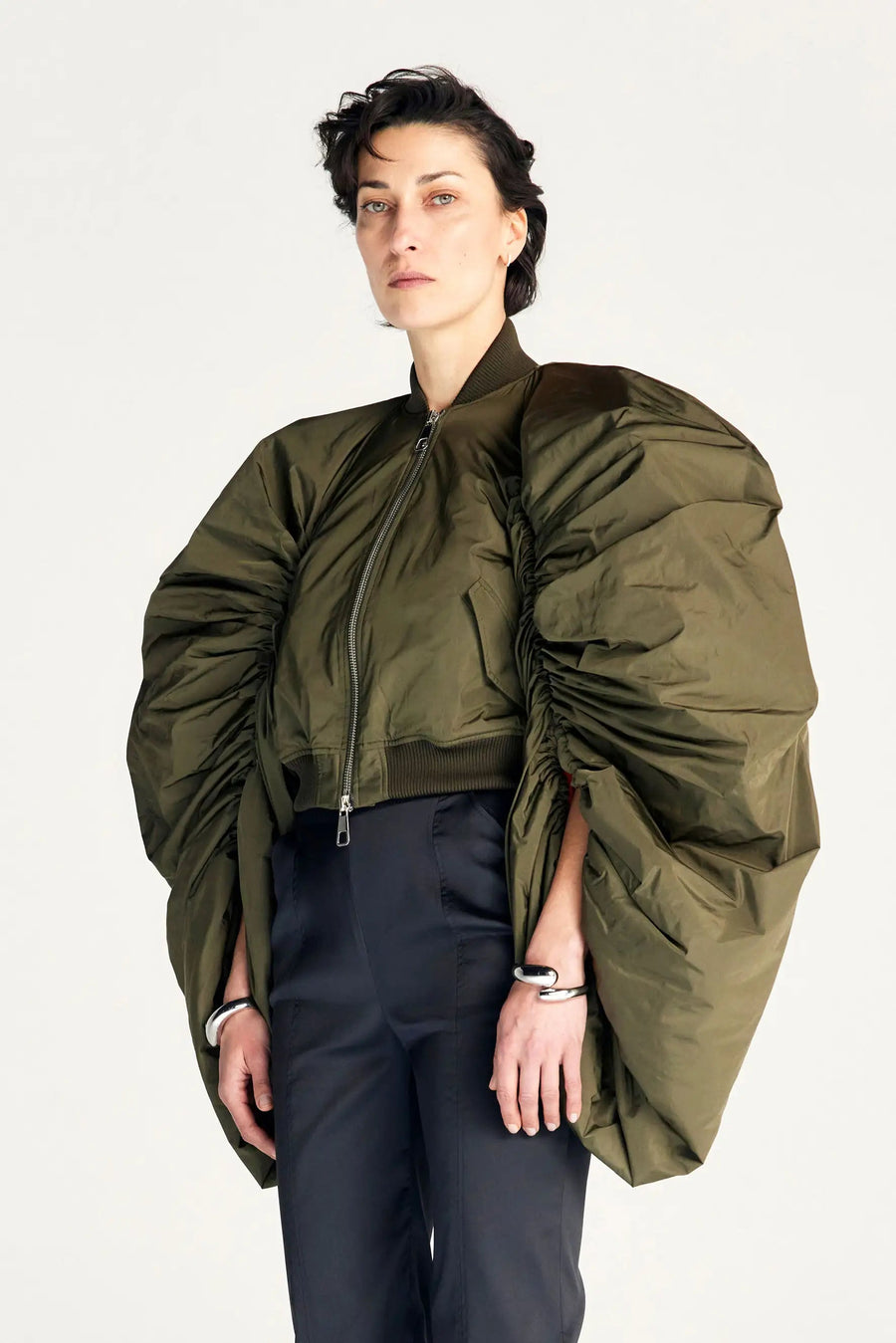 PALMER HARDING ENCOMPASS BOMBER JACKET IN KHAKI TAFFETA