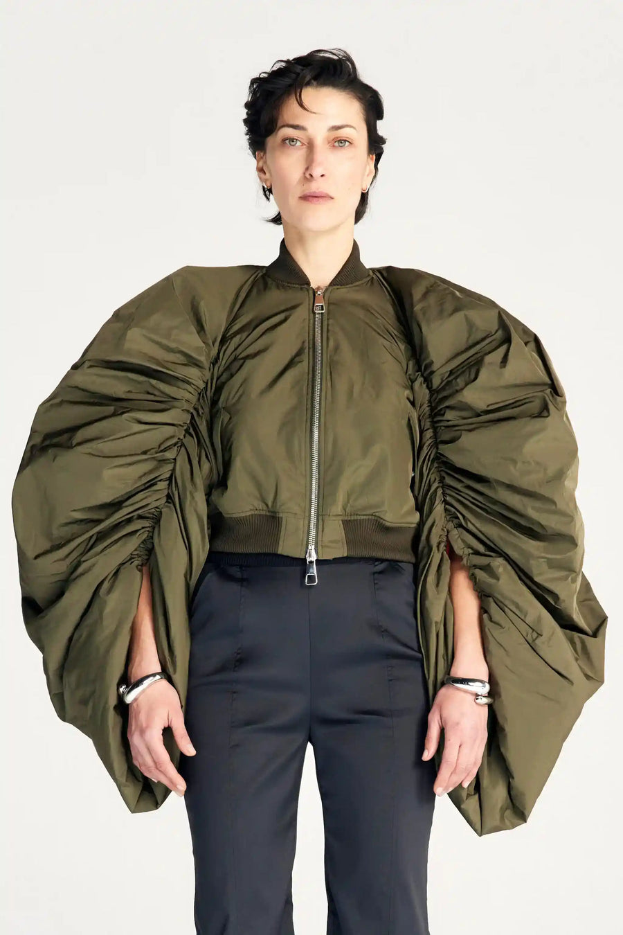 PALMER HARDING ENCOMPASS BOMBER JACKET IN KHAKI TAFFETA