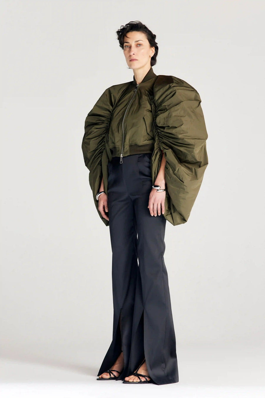 PALMER HARDING ENCOMPASS BOMBER JACKET IN KHAKI TAFFETA