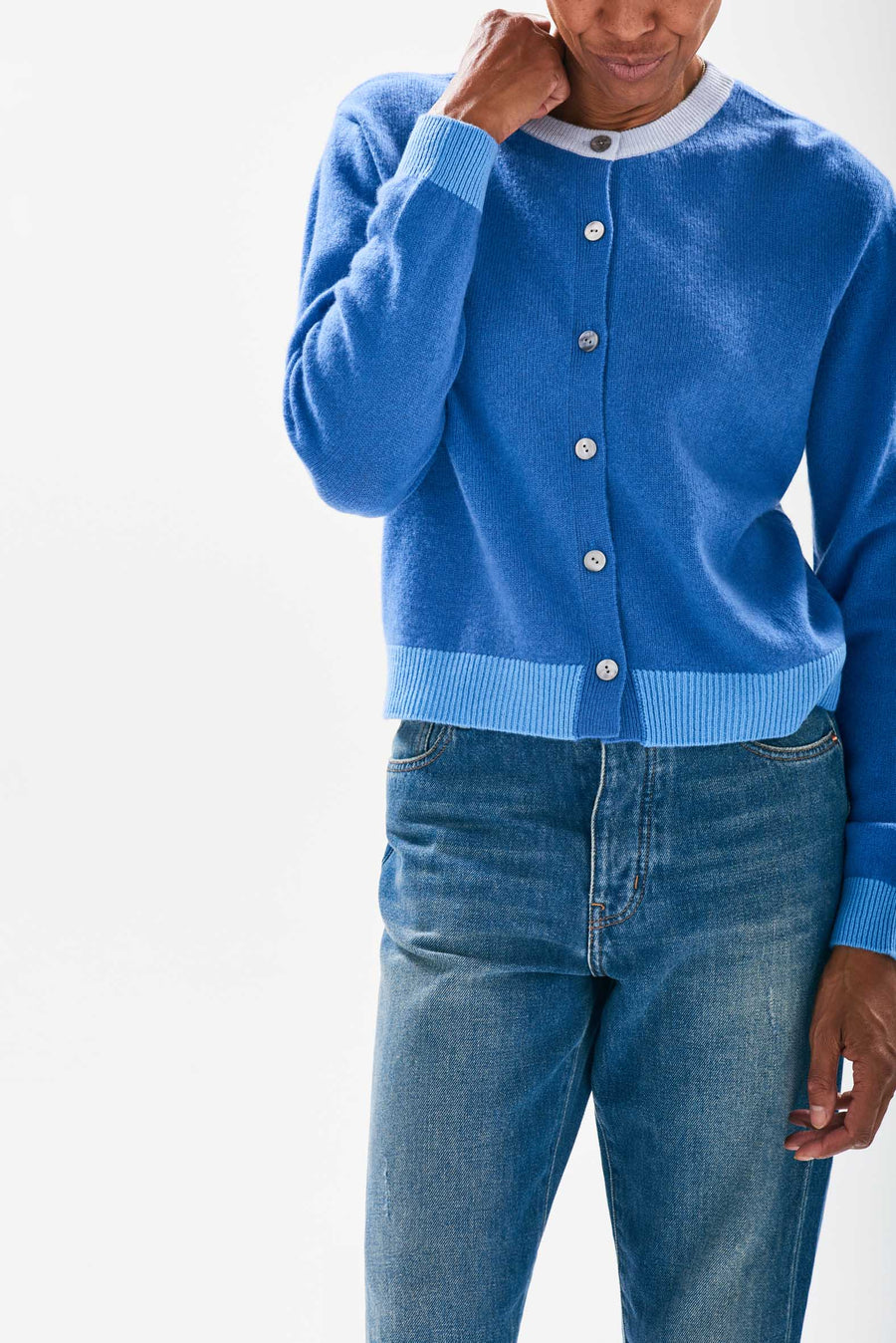 JUMPER 1234 CONTRAST RIB CARDIGAN IN CORNFLOUR