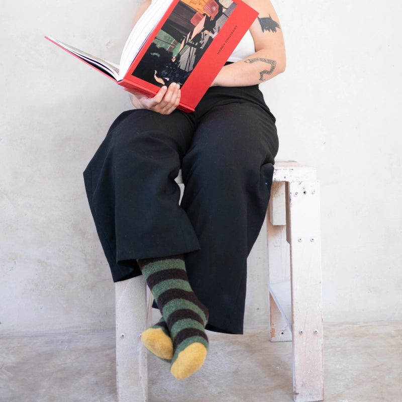 BONNE MAISON CACTUS/BLACK/AMBER STRIPED MID-CALF SOCKS