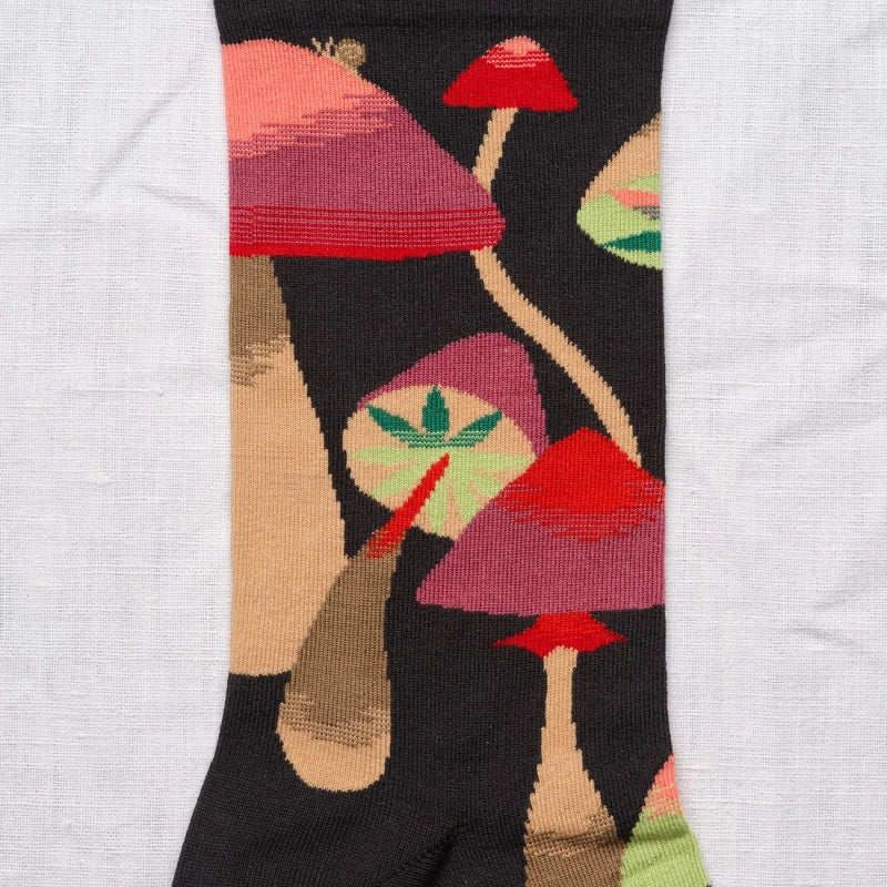 BONNE MAISON BLACK/ROSE AND LIME MID-CALF MUSHROOM DESIGN SOCKS