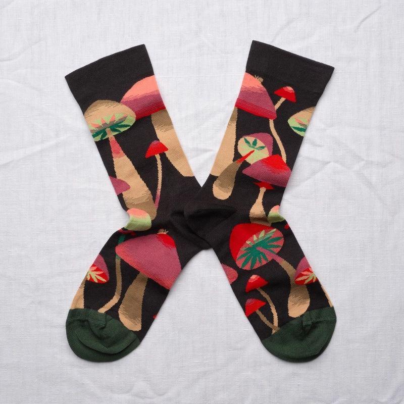 BONNE MAISON BLACK/ROSE AND LIME MID-CALF MUSHROOM DESIGN SOCKS