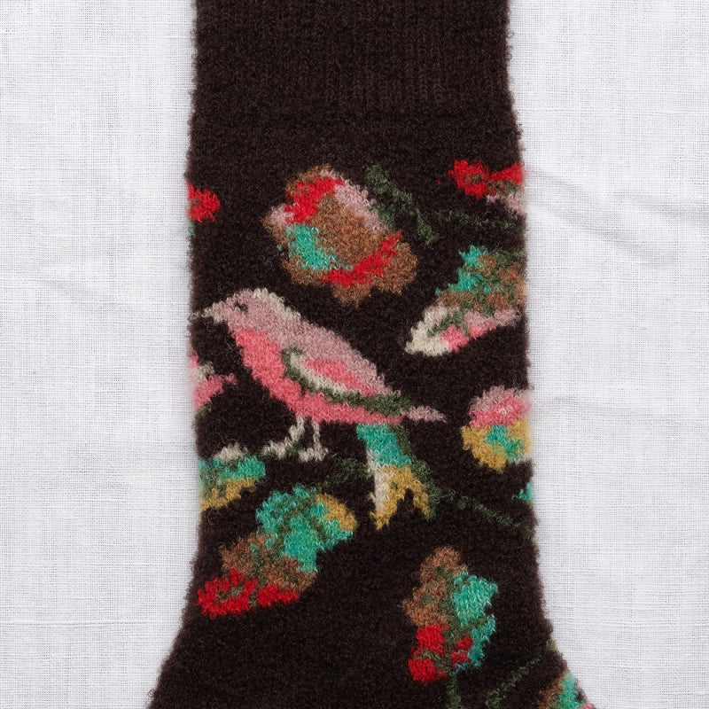BONNE MAISON DARK BROWN/PEACH/PINK/EMERALD MID-CALF SOCKS WITH BIRD/PLANT DESIGN