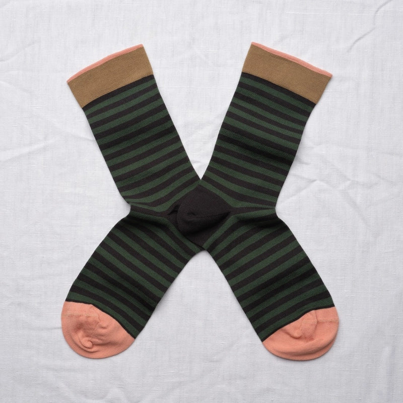 BONNE MAISON BLACK/FOREST STRIPED MID-CALF SOCKS