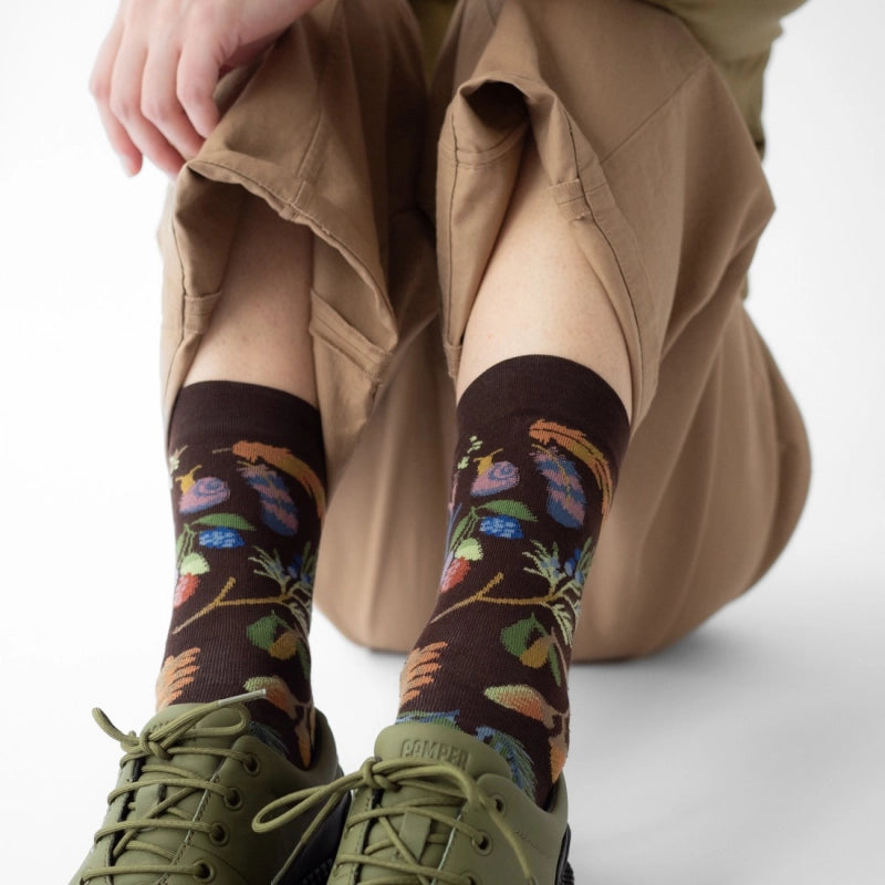 BONNE MAISON DARK BROWN/MOSS/SEPIA FLORAL MID-CALF SOCKS