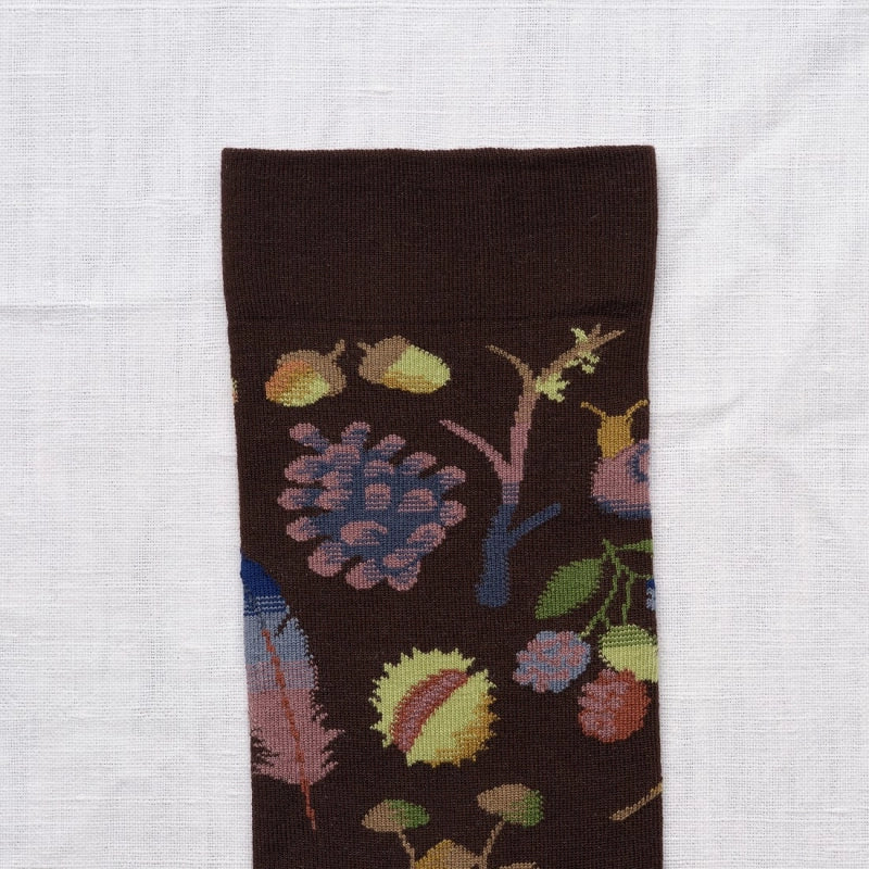 BONNE MAISON DARK BROWN/MOSS/SEPIA FLORAL MID-CALF SOCKS