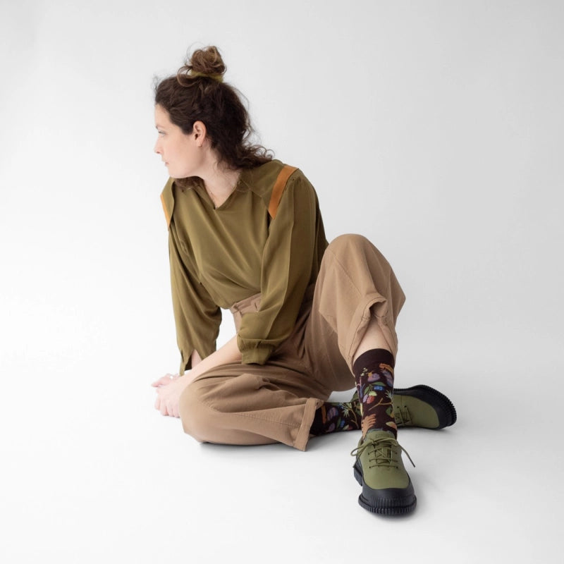 BONNE MAISON DARK BROWN/MOSS/SEPIA FLORAL MID-CALF SOCKS