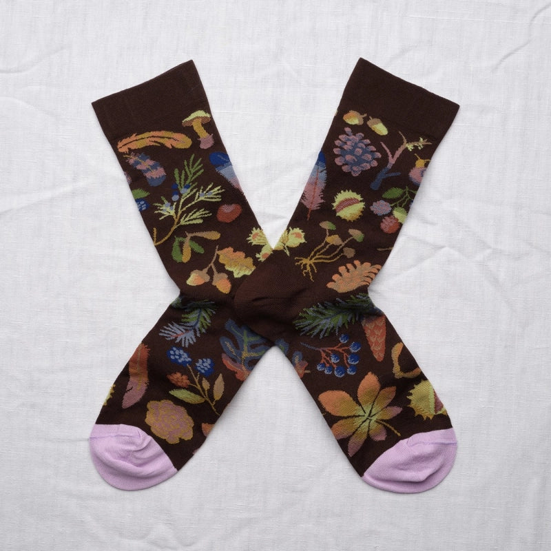 BONNE MAISON DARK BROWN/MOSS/SEPIA FLORAL MID-CALF SOCKS