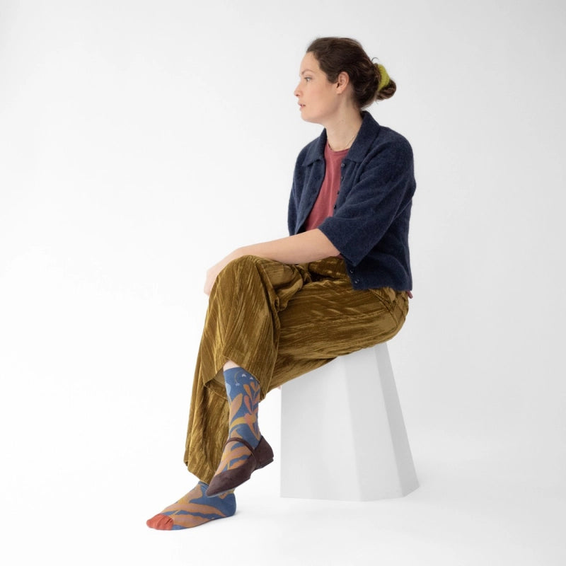 BONNE MAISON BLUE/ABSINTHE/SEPHIE MID-CALF SOCKS IN PLANT DESIGN