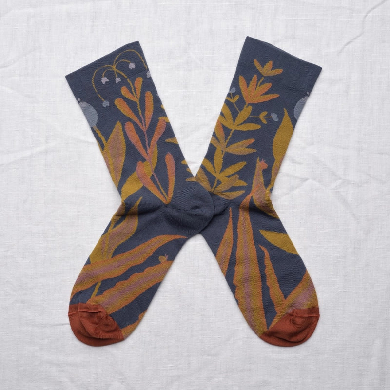 BONNE MAISON BLUE/ABSINTHE/SEPHIE MID-CALF SOCKS IN PLANT DESIGN