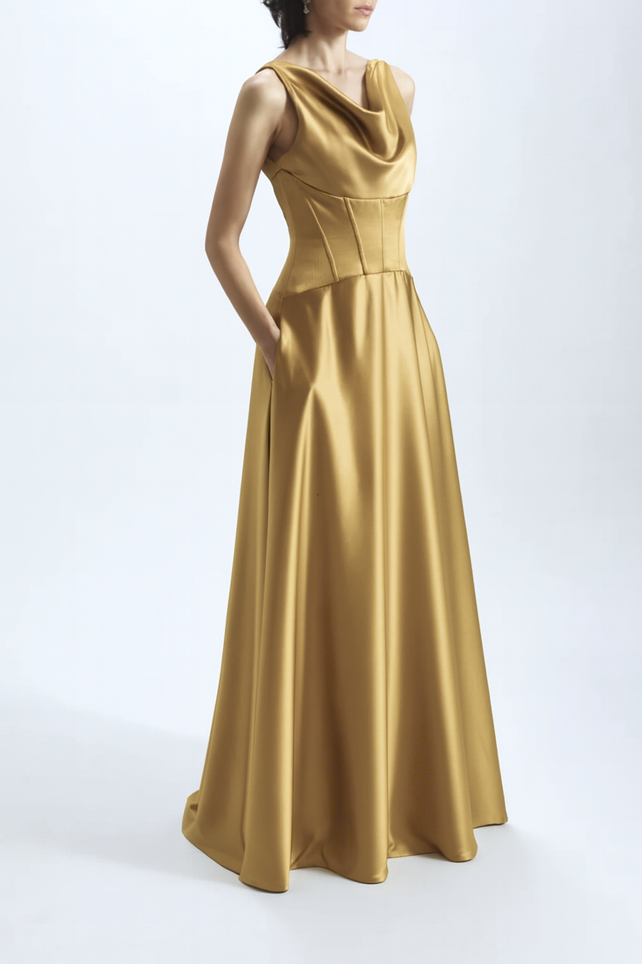 AMSALE CORSET DROP WAIST GOWN IN GOLD