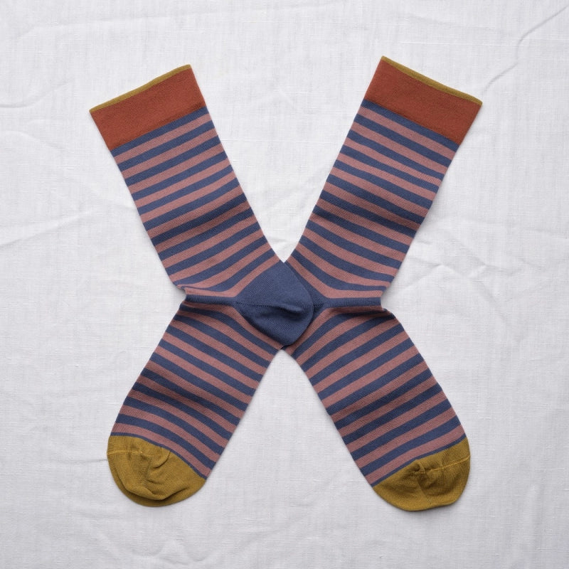 BONNE MAISON NAVY/GRAPE STRIPED MID-CALF SOCKS