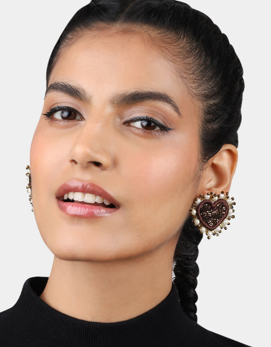 OLIVIA DAR PEARL HEART EARRINGS IN BRONZE