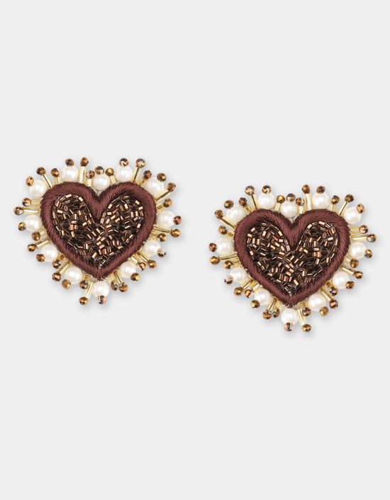 OLIVIA DAR PEARL HEART EARRINGS IN BRONZE