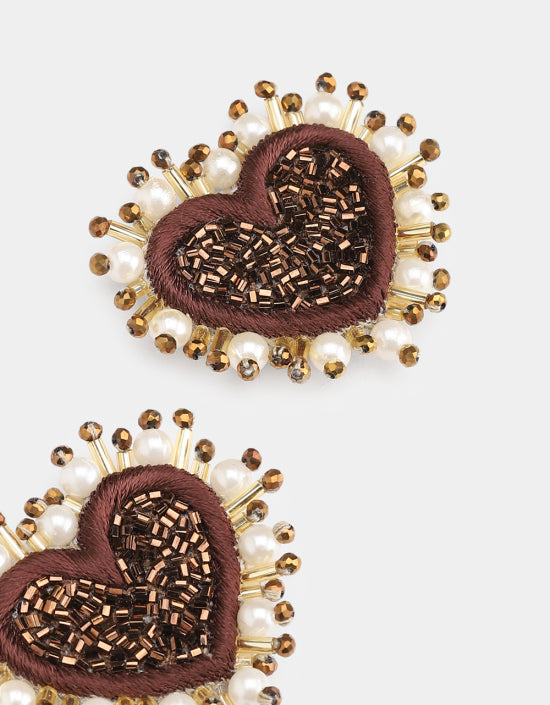 OLIVIA DAR PEARL HEART EARRINGS IN BRONZE