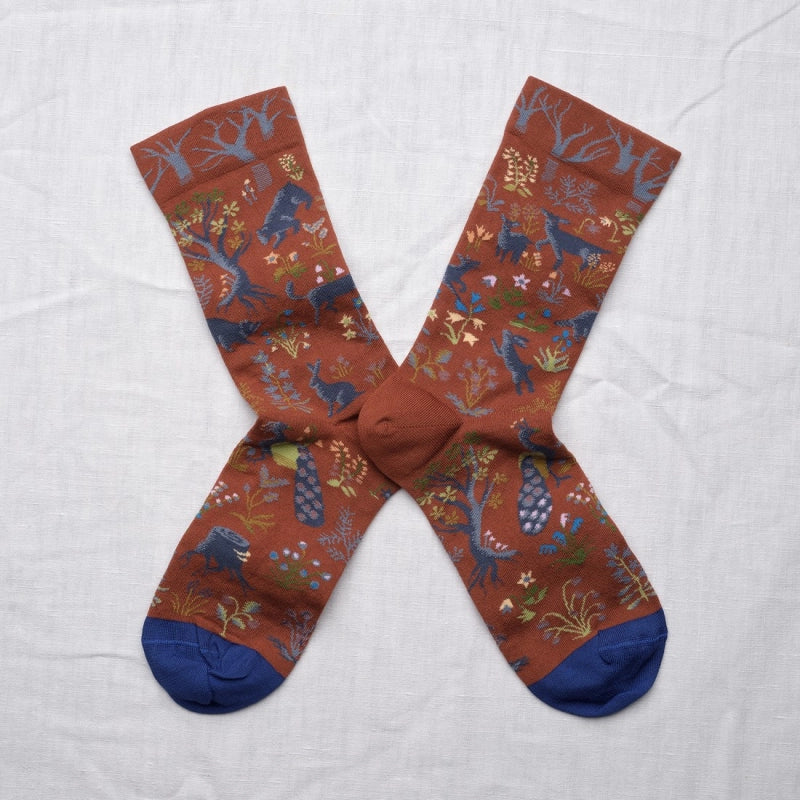 BONNE MAISON SEPIA /CYAN/BLUE WOODLAND MID-CALF SOCKS