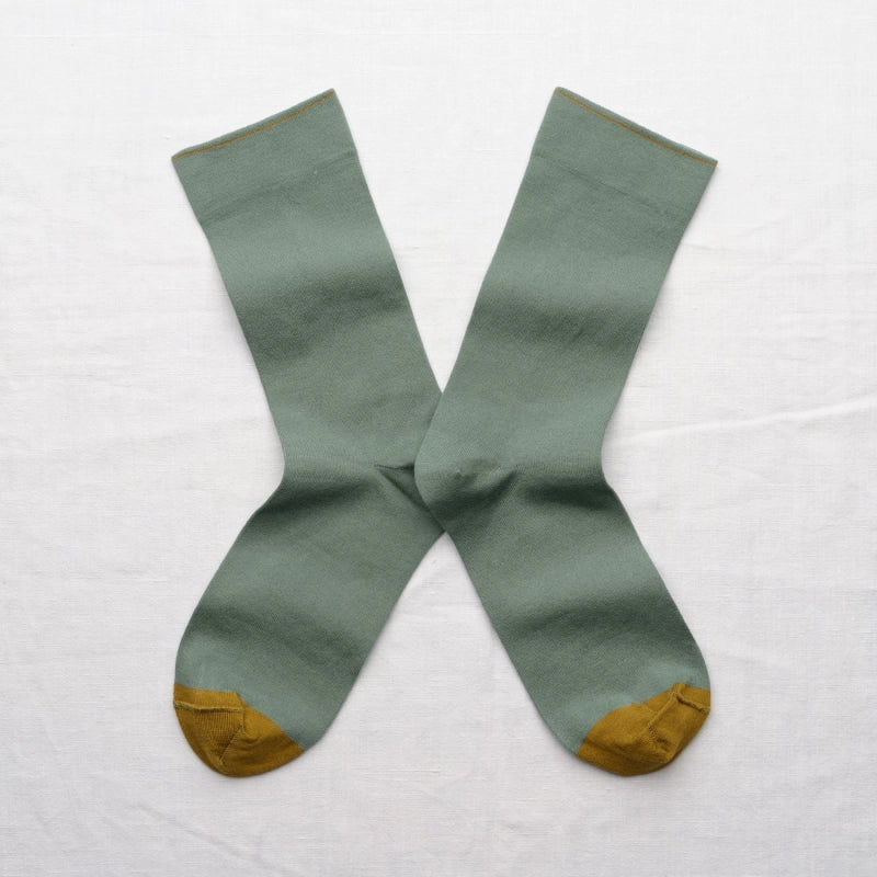 BONNE MAISON CEDAR GREEN PLAIN MID CALF SOCKS WITH ADSINTH GREEN TOE