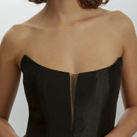 AMSALE DEEP V HIGH LOW STRAPLESS DRESS IN BLACK