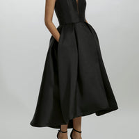 AMSALE DEEP V HIGH LOW STRAPLESS DRESS IN BLACK