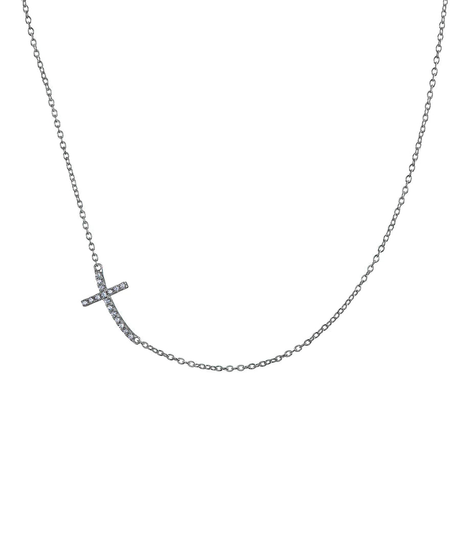 MARY K SILVER SMALL PAVE SIDE CROSS NECKLACE