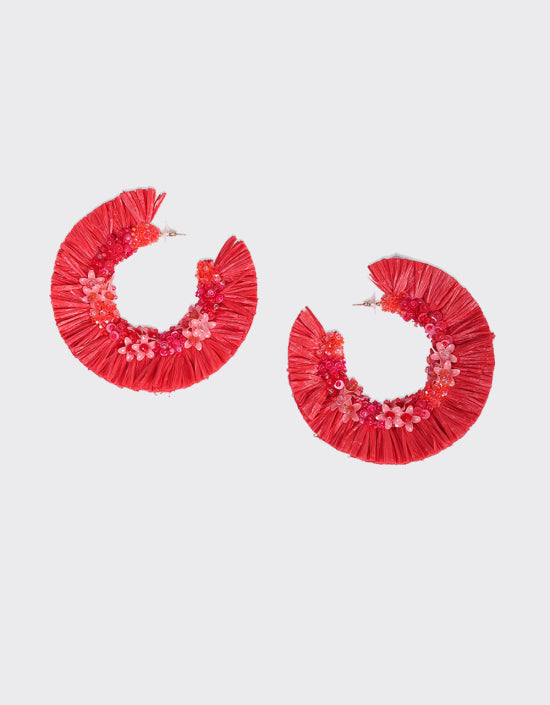 OLIVIA DAR RAFFIA HOOP EARRINGS IN RED - SMALL